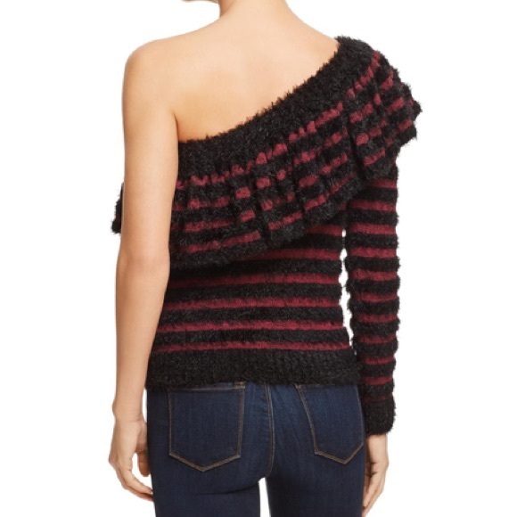 WAYF One-Shoulder Crimson & Black Ruffle Pullover Sweater NWT - Picture 3 of 9